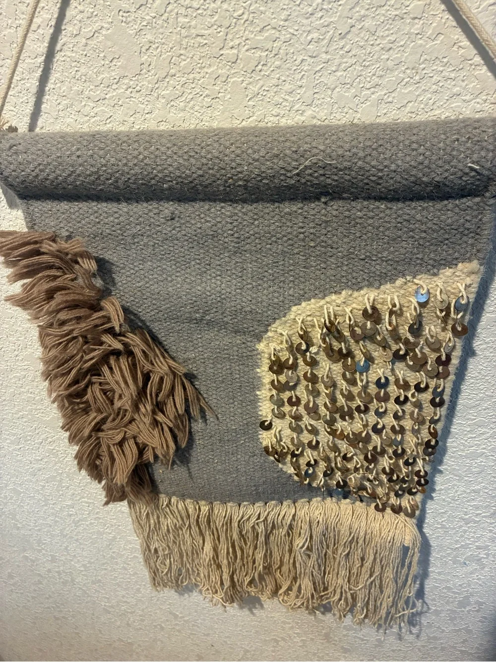 Anthropologie Gray and Beige Sequined Fringe Wall Tapestry